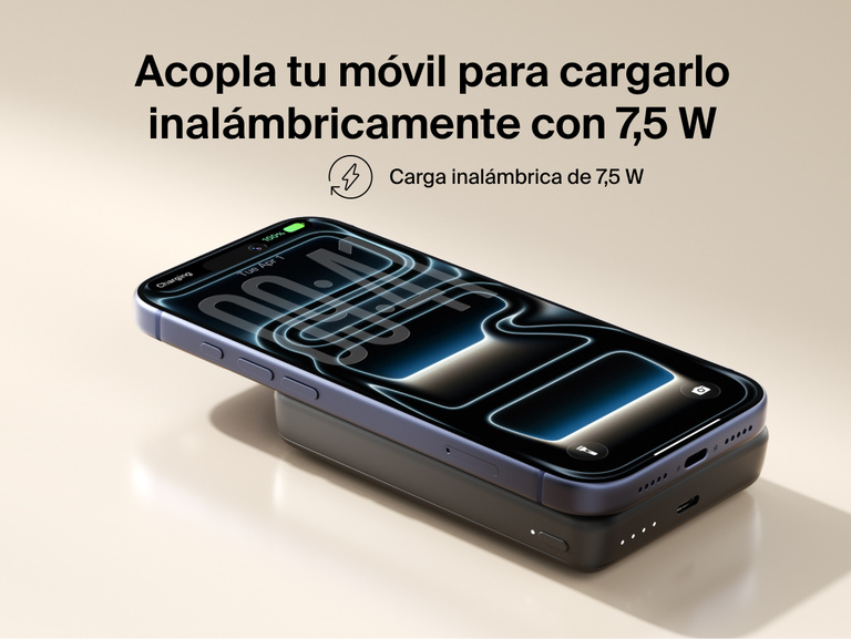 Belkin BoostCharge Slim Magnetic Power Bank 10K magnetically attached to iPhone delivering 7.5W wireless charging in a slim portable design