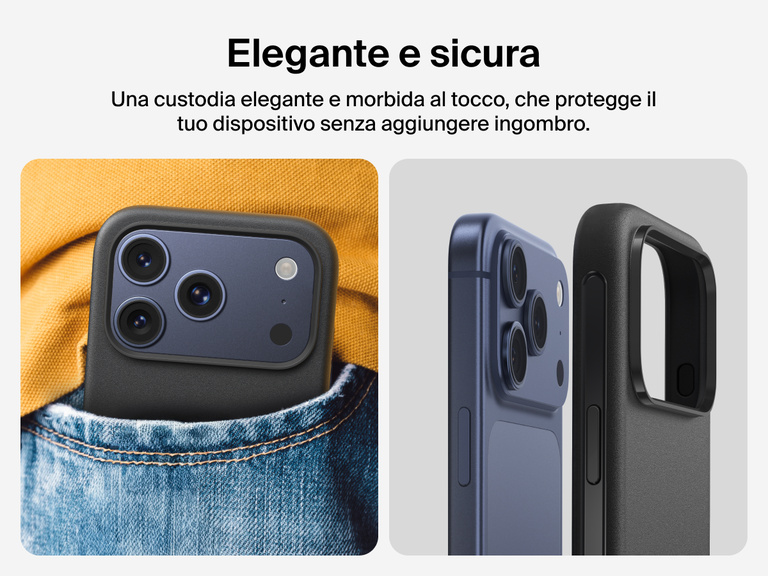 Immagine della custodia Belkin SheerForce Protect Series per iPhone 17 con pulsante touch per la fotocamera e design a strati per garantire un aggancio magnetico ottimale e una protezione durevole.