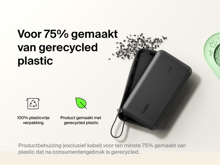 Belkin UltraCharge 20K 45W power bank with integrated cable made with recycled materials and plastic-free packaging for a more sustainable charging solution