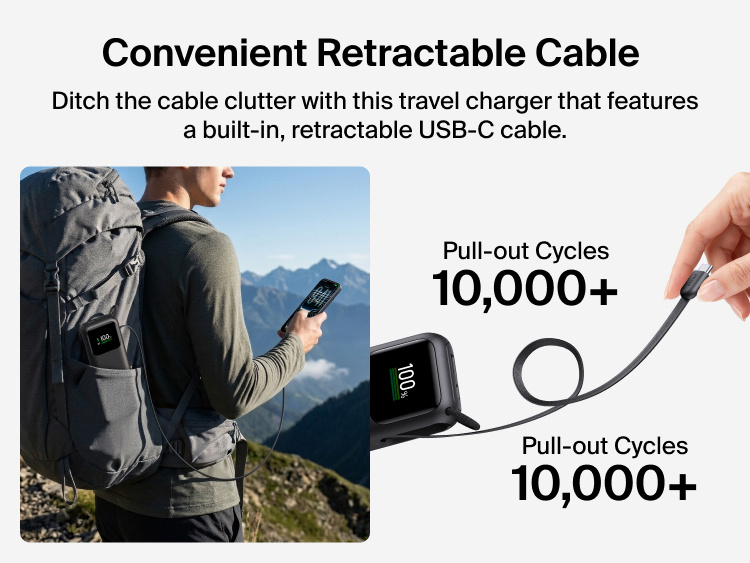 UltraCharge Power Bank 11K with Retractable Cable tucked in a backpack pocket while charging a phone during a hike, shown next to its retractable cable rated for over 10,000 pull-out cycles