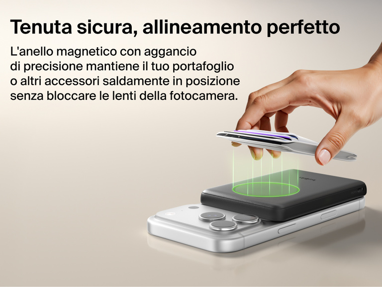 Belkin BoostCharge Slim Magnetic Power Bank 5K with Qi2 featuring a secure magnetic ring that aligns accessories and attaches firmly without obstructing the phone camera.