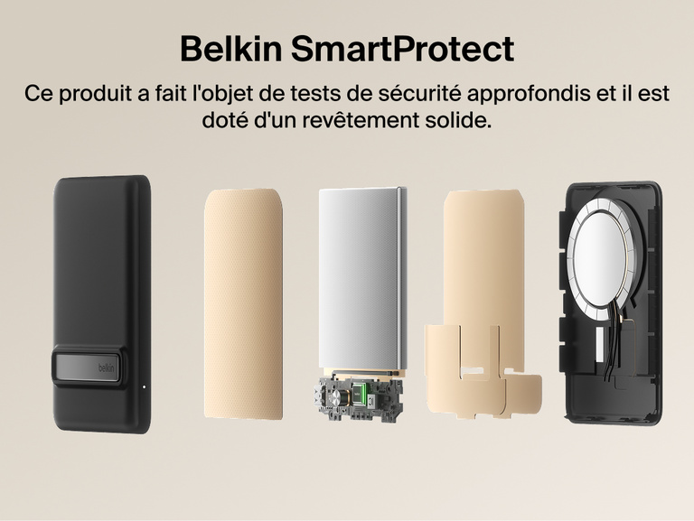 Belkin BoostCharge Slim Magnetic Power Bank 5K with Qi2 shown with Belkin SmartProtect internal components designed for safe, reliable charging performance.