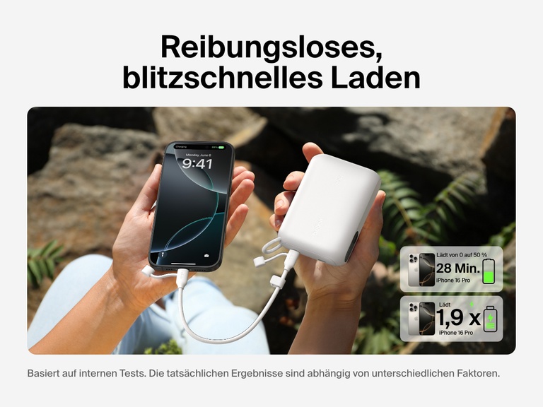 Die Belkin BoostCharge Powerbank 10K mit Display wird gezeigt, die ein Schnellladen mit 20 W ermöglicht und ein iPhone 16 Pro in 28 Minuten von 0 auf 50 % auflädt und damit bis zu 1,9 vollständige Aufladungen liefert.