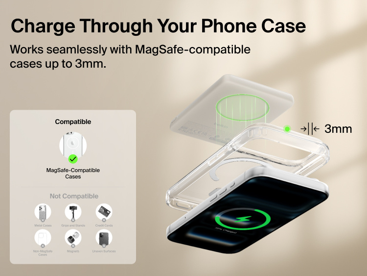 Belkin BoostCharge Slim Magnetic Power Bank 5K with Qi2 wirelessly charging a smartphone through a MagSafe-compatible case up to 3 mm thick for convenient everyday use.