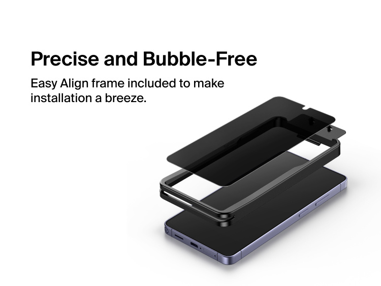 Belkin ScreenForce Titan EcoGuard Privacy Filter Screen Protector for Samsung Galaxy S26 shown with an Easy Align frame for precise, bubble-free installation and secure full-screen coverage.