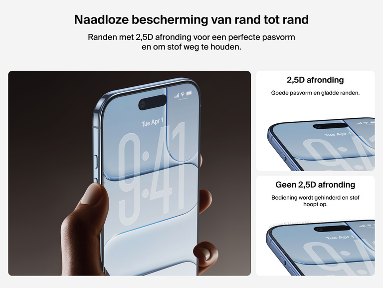 Belkin ScreenForce InvisiGlass-screenprotector met een afronding van 2,5D voor een goede pasvorm en om ophoping van stof aan de randen te voorkomen.