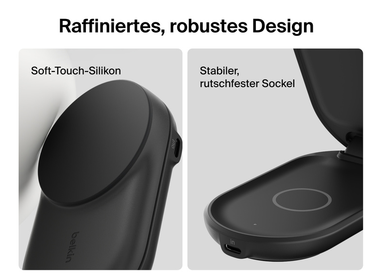 Nahaufnahme der Belkin UltraCharge faltbaren magnetischen 2-in-1-Ladestation mit Qi2 25W mit Soft-Touch-Oberfläche aus Silikon und einem stabilen, rutschfesten Sockel, der zuverlässiges, sicheres Laden ermöglicht.