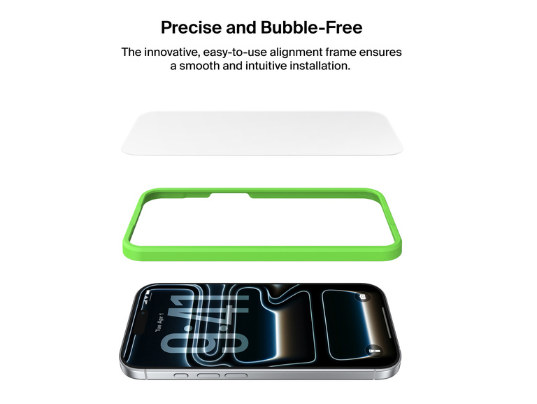 Belkin ScreenForce TemperedGlass Screen Protector with precise, bubble-free installation using an easy-to-use alignment tray for flawless iPhone protection.