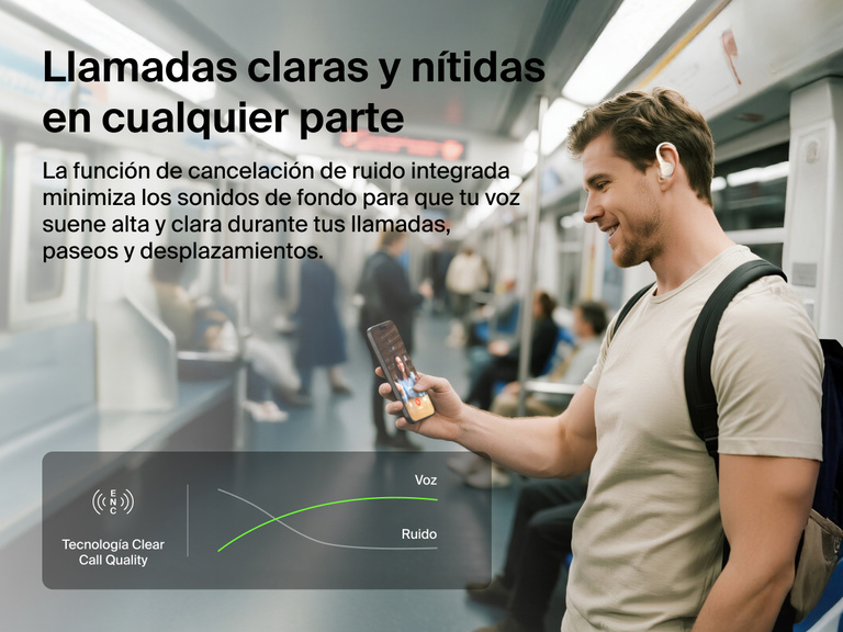 Belkin SoundForm ActiveFit Wireless Earbuds with clear call quality technology and built-in noise reduction, shown on a commuter using them on a subway train.