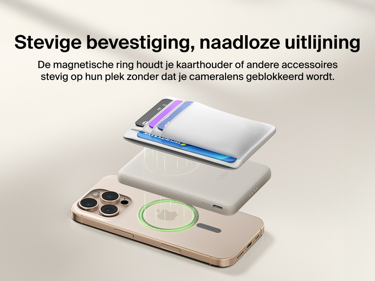 Belkin BoostCharge Slim Magnetic Power Bank 5K shown magnetically aligned between a smartphone and wallet accessory, demonstrating precise magnetic ring for secure attachment and camera-safe design.