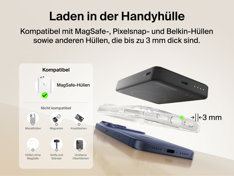 Belkin BoostCharge Slim Magnetic Power Bank 10K charging through a MagSafe-compatible phone case up to 3mm thick with clear compatibility and non-compatible case examples