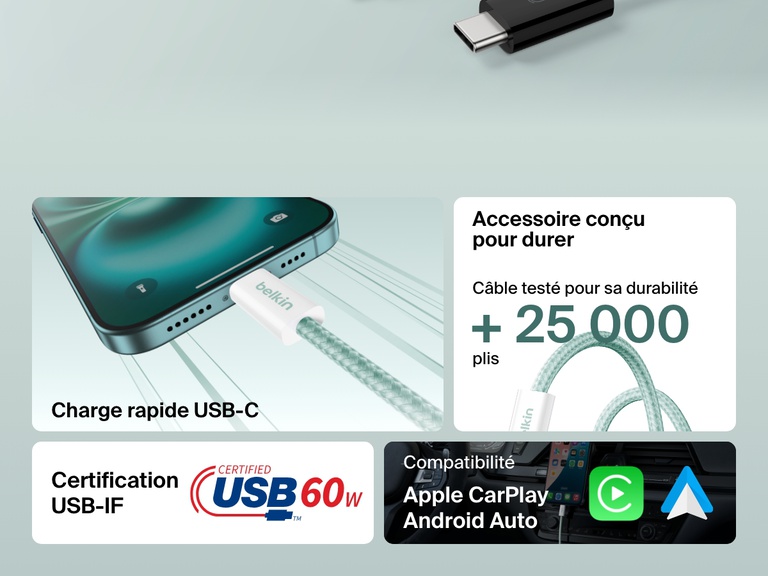 Infographie présentant le câble USB-C vers USB-C Belkin BoostCharge (60 W) certifié USB-IF résistant à plus de 25 000 plis. Il offre une recharge rapide de 60 W, ainsi qu'une prise en charge de CarPlay d'Apple et d'Android Auto.