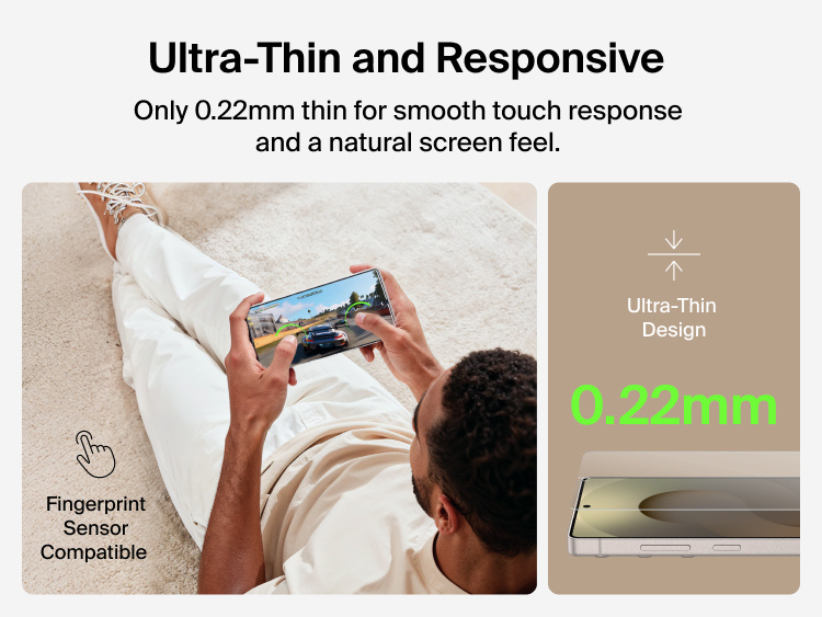 Belkin ScreenForce Titan SmartShield Anti-Reflective Screen Protector for Samsung Galaxy S26 highlighting ultra-thin 0.22 mm design with smooth touch response and fingerprint sensor compatibility for a natural screen feel.
