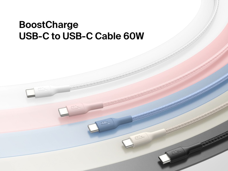 Belkin BoostCharge Pro Braided USB-C to USB-C Cable 60W shown in multiple colors, designed for fast charging and durability with reinforced nylon braiding.