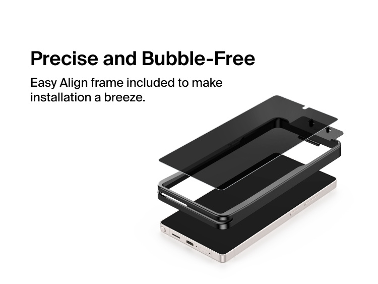 Belkin ScreenForce Titan EcoGuard Privacy Filter Screen Protector for Samsung Galaxy S26 shown with an Easy Align frame for precise, bubble-free installation and secure full-screen coverage.