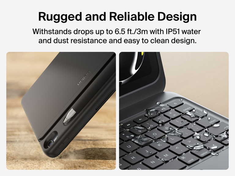 USB-C Keyboard Folio with Display Hub for iPad detail showing drop protection and an IP51 water- and dust-resistant keyboard.