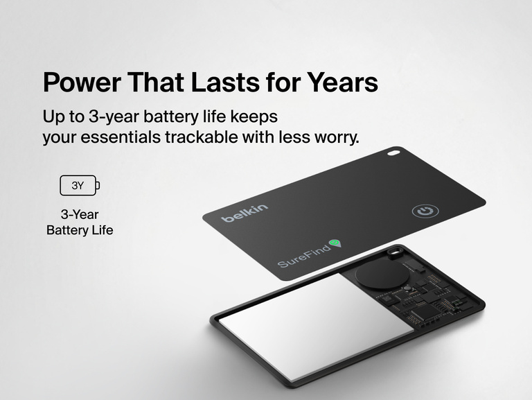 Belkin SureFind Card Bluetooth tracker features up to 3 years of battery life, shown in an exploded view revealing its internal components.