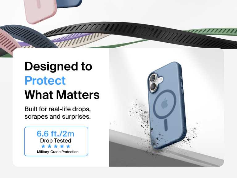 Belkin SheerForce Grip Series Case for iPhone 17 shown with textured grip and impact protection against drops.