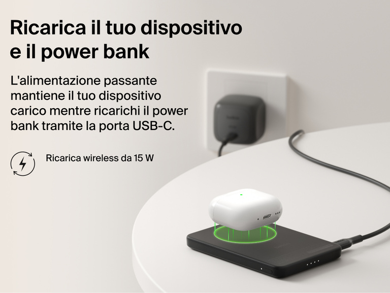 Belkin BoostCharge Slim Magnetic Power Bank 5K with Qi2 demonstrating pass-through charging, wirelessly powering a device while the power bank recharges via USB-C.