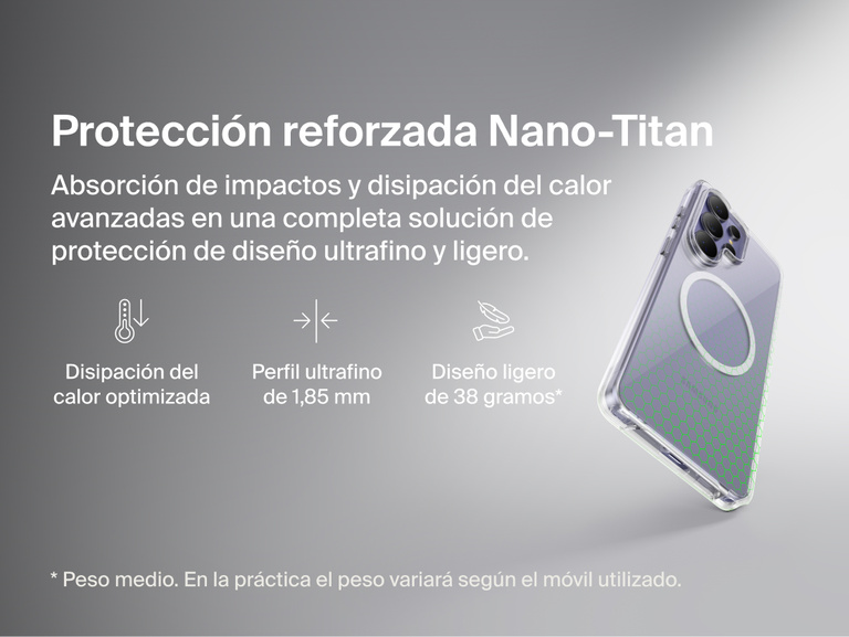 Belkin SheerForce Clear Series Case for Samsung Galaxy S26 shown in close-up, highlighting reinforced Nano-Titan protection with shock absorption, heat dissipation, ultra-slim 1.85 mm profile, and lightweight protective design.