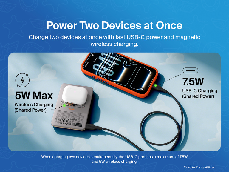 Belkin BoostCharge Slim Magnetic Power Bank 5K shown charging a smartphone and wireless earbuds simultaneously, demonstrating dual charging with 7.5W USB-C and 5W wireless shared power output.