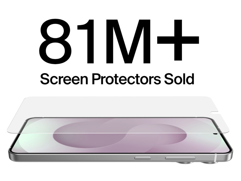 Image showing a Samsung Galaxy S25 Edge phone with a screen protector being applied, highlighting that over 81 million screen protectors have been sold.