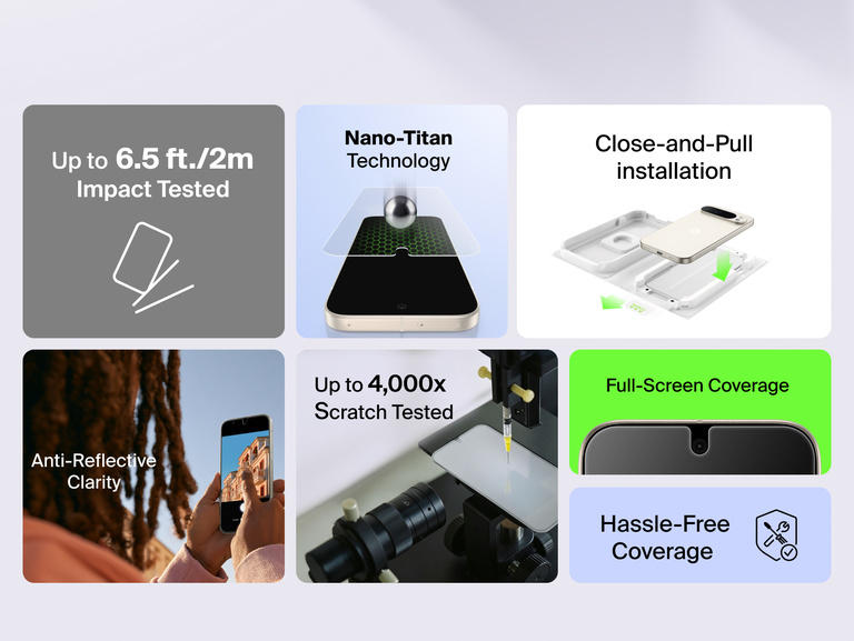 Belkin Titan SmartShield Anti-Reflective Screen Protector for Google Pixel 11 highlighting 6.5 ft drop protection, Nano-Titan technology, 4,000x scratch resistance, anti-reflective clarity, and easy installation.