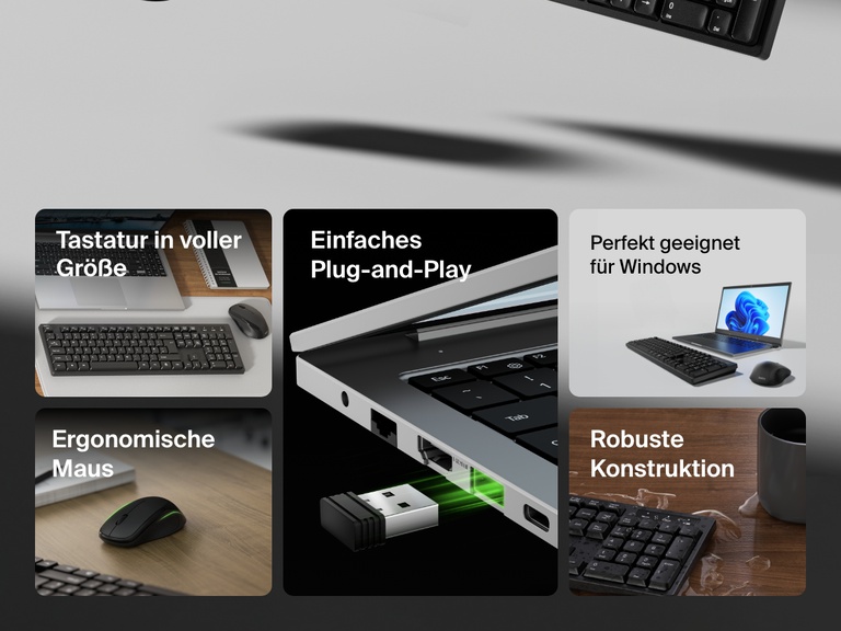Eine kabellose Belkin Connect Tastatur mit Maus wird in verschiedenen Umgebungen gezeigt. Die Tastatur in voller Größe, die ergonomische Maus, der Plug-and-Play-USB-Empfänger, die robuste Bauweise und die Kompatibilität mit Windows-Laptops werden dabei hervorgehoben.