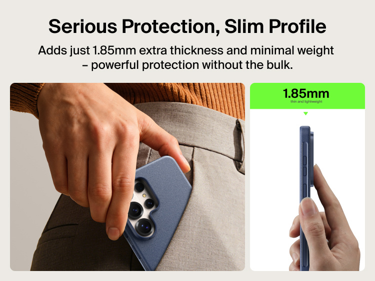 Belkin SheerForce Protect Series Case for Samsung Galaxy S26 shown in hand with an ultra-slim 1.85 mm profile, delivering lightweight everyday protection without added bulk.