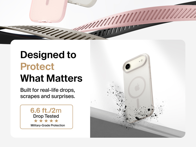 Belkin SheerForce Grip Series Case for iPhone 17 shown with textured grip and impact protection against drops.