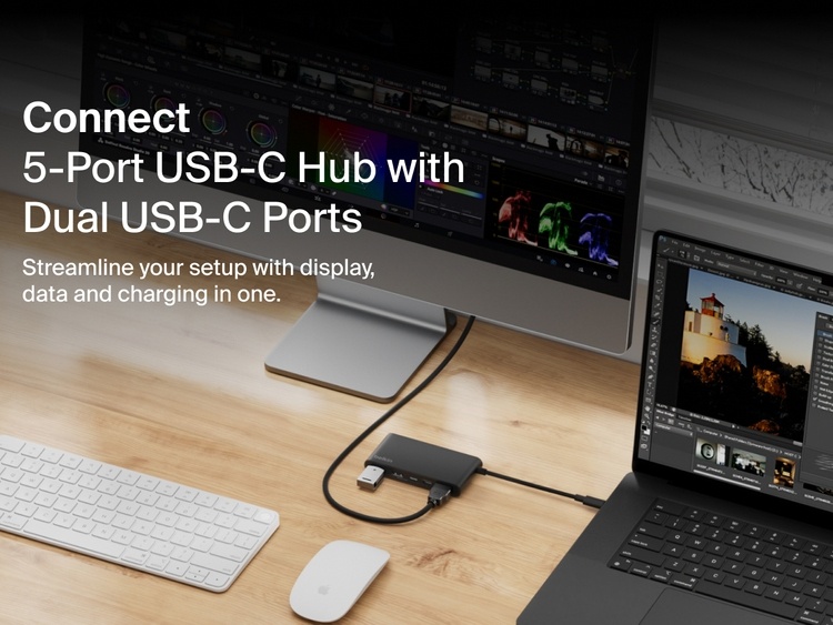 Belkin Connect 5-Port USB-C Hub with Dual USB-C Ports shown on a desk connecting a laptop and monitor for display, data transfer, and charging.