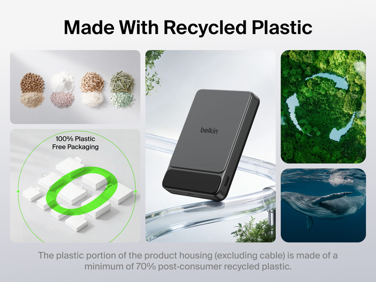 Belkin UltraCharge Slim Magnetic Power Bank 10K highlighting sustainable design made with recycled plastic and plastic-free packaging for eco-friendly portable charging