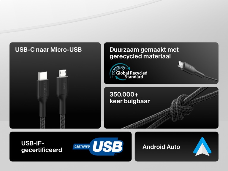 Feature callout graphic of the Belkin BoostCharge USB-C to Micro-USB Braided Cable 15W showcasing USB-IF certification, 350,000+ bend lifespan, PCR materials, and Android Auto compatibility.
