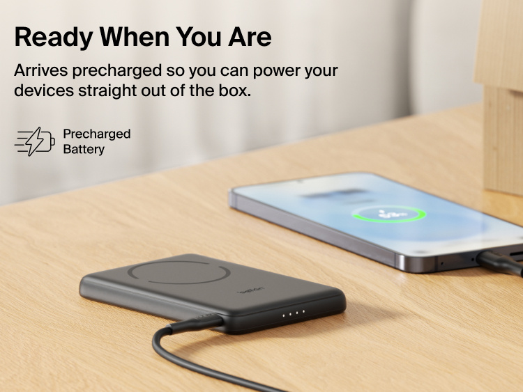 Belkin BoostCharge Slim Magnetic Power Bank 5K with Qi2 shown precharged and ready to deliver fast, portable wired or magnetic wireless charging straight out of the box.