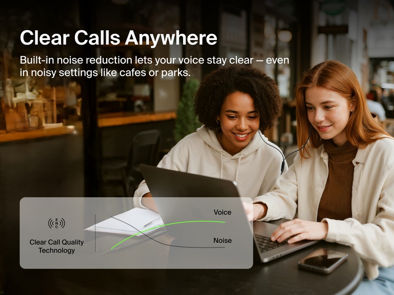 Belkin SoundForm ANC Wired Earbuds with USB-C® feature built-in noise reduction for clear call quality in busy environments like cafes or parks.