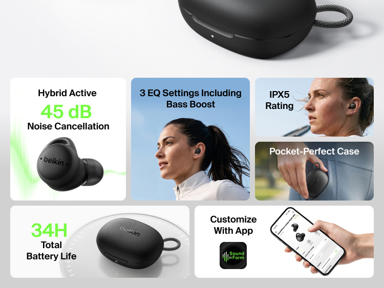 SoundForm Isolate Buds ANC charging case with icons highlighting 45 dB active noise cancellation, customizable EQ, 34 hours of battery life, IPX5 water resistance, a compact case, and app-based controls