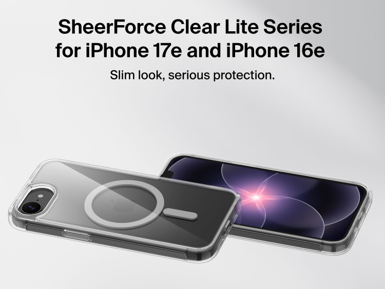 Two iPhones shown in slim transparent protective cases from the SheerForce Clear Lite Series, highlighting a clear MagSafe-compatible ring design and minimal, lightweight protection for iPhone 17e and iPhone 16e.