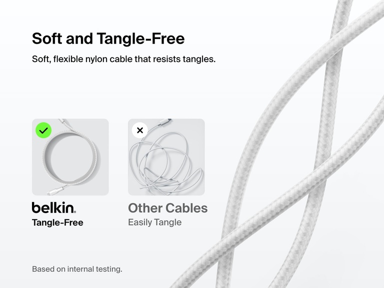 Infographic highlighting the Belkin BoostCharge Pro Braided USB-A to USB-C Cable 15W as a soft, flexible, and tangle-free nylon cable compared to standard cables that easily knot.