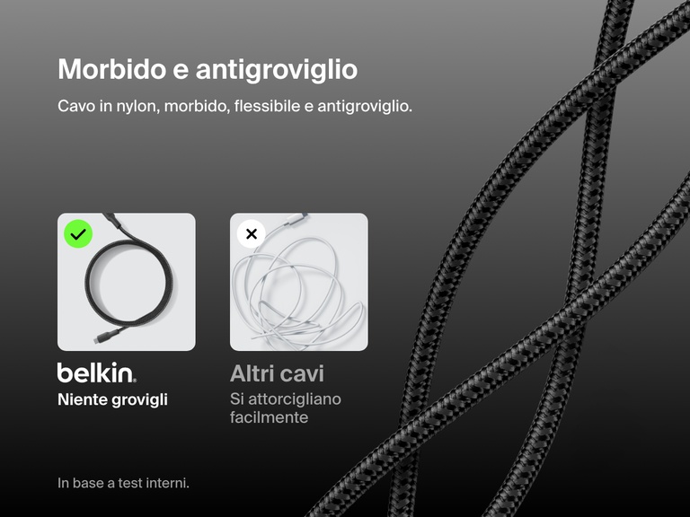 Belkin BoostCharge USB-C to Micro-USB Braided Cable 15W displayed with soft, flexible nylon construction that resists tangling, shown alongside a comparison to typical easily tangled cables.