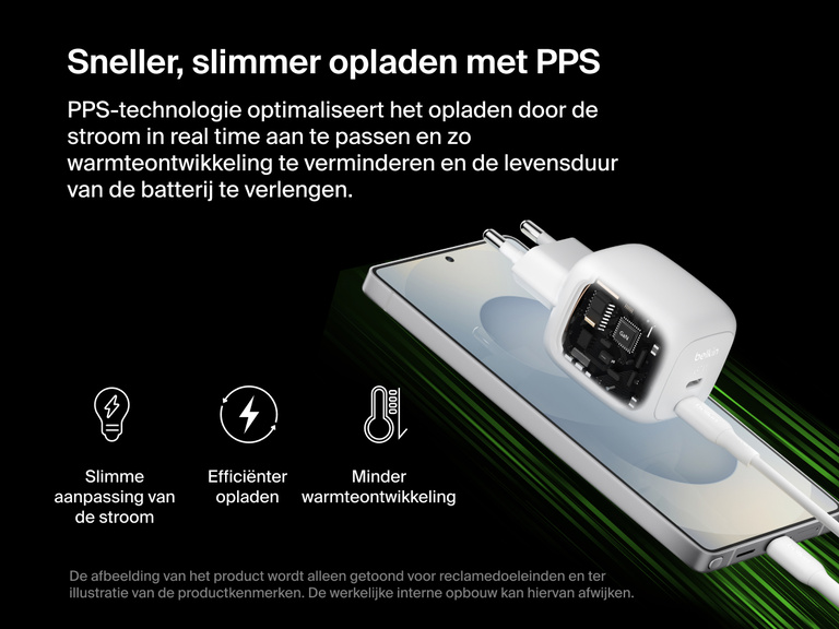 Afbeelding van een BoostCharge Pro 2-poorts USB-C GaN-wandlader van 67 W die gebruik maakt van PPS-technologie voor slimme stroomaanpassing, verbeterde laadefficiëntie en minder warmteontwikkeling tijdens snel opladen.