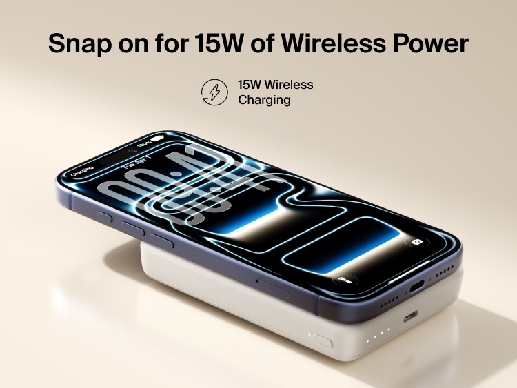 Slim Magnetic Power Bank 10K with Qi2 magnetically attached beneath smartphone demonstrating wireless charging connection