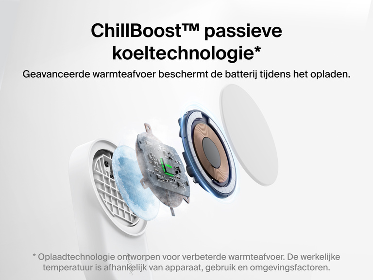 De Belkin UltraCharge 3-in-1 uitklapbare magnetische lader met Qi2 25W werkt met de passieve koeltechnologie ChillBoost™ om warmte beter af te voeren en de batterij te beschermen.