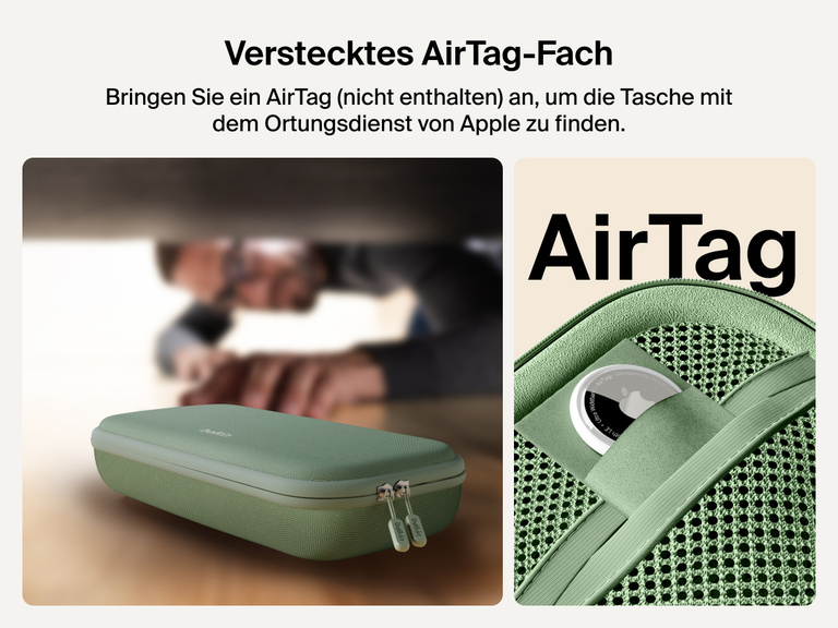 Belkin Gaming Charging Case for Nintendo Switch 2 shown with a hidden AirTag compartment, allowing easy tracking through Apple Find My (AirTag not included).