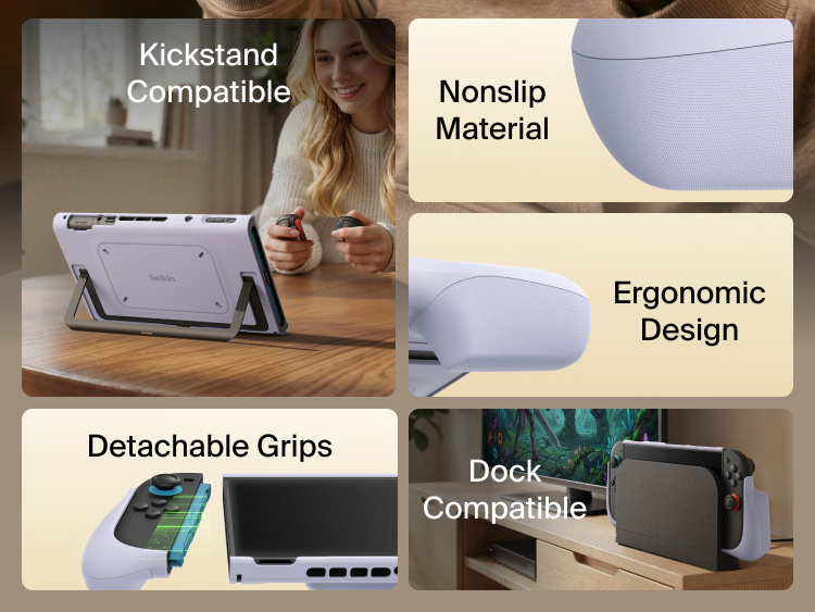 Belkin Gaming Grip for Nintendo Switch 2 with ergonomic detachable grips, dock compatibility, kickstand support, and textured anti-slip design for comfortable gameplay.