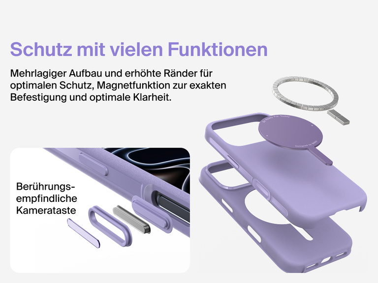 Belkin H&uuml;lle der SheerForce Protect Serie f&uuml;r iPhone 17, geeignet f&uuml;r MagSafe und Qi2 zur zuverl&auml;ssigen magnetischen Befestigung an Ladeger&auml;ten und anderem Zubeh&ouml;r.