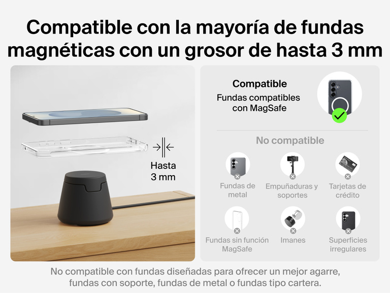La estaci&oacute;n de carga modular con Qi2 de 25 W Belkin UltraCharge es compatible con fundas magn&eacute;ticas de hasta 3 mm de grosor y habilita una alineaci&oacute;n optimizada para una carga inal&aacute;mbrica fiable sin necesidad de usar fundas met&aacute;licas ni tipo cartera.