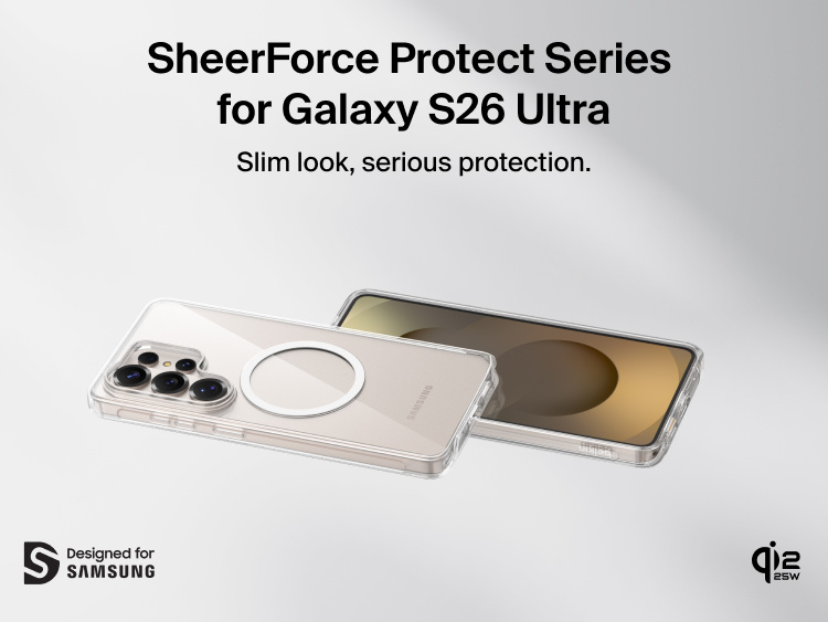 Belkin SheerForce Clear Series Case for Samsung Galaxy S26 shown on phone, featuring a slim, protective clear design with raised edges, precise cutouts, and Qi2 wireless charging compatibility.