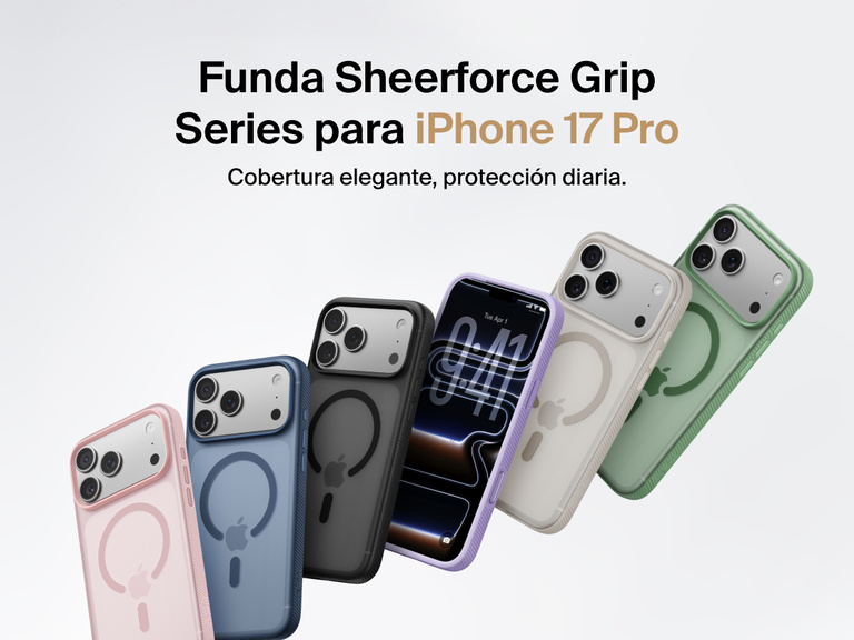 Belkin SheerForce Grip Series protective case for iPhone 17 shown in pink, clear, and black with slim design and MagSafe compatibility.