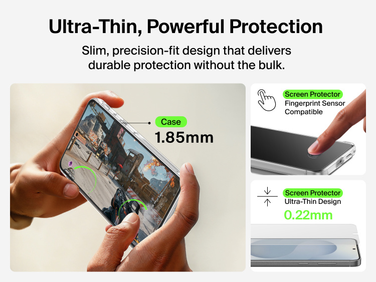 Belkin SheerForce Titan Protective Bundle for Samsung Galaxy S26 featuring ultra-thin 1.85mm case and 0.22mm screen protector with fingerprint sensor compatibility for slim, precision-fit protection.