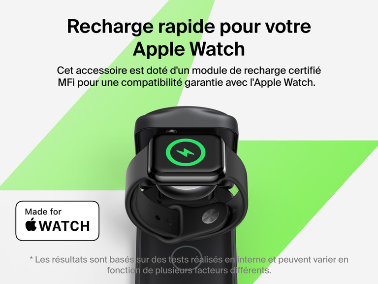 Socle de recharge 3-en-1 aimanté et pliable Belkin UltraCharge avec Qi2 (25 W) offrant une recharge rapide pour Apple Watch Series 10 de zéro à 80 % en 30 minutes grâce à la compatibilité certifiée MFI.